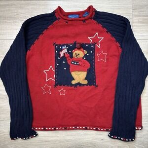 Karen Scott Sport Large Red White Blue Sweater‎ USA Flag July 4th Bear Cotton